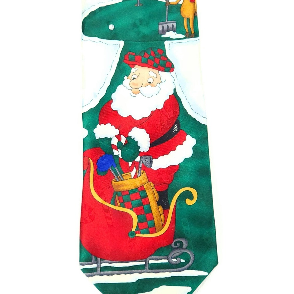 Specialties Hallmark Mens Christmas Golf Santa Sleigh Holiday‎ Tie Green Red - Picture 2 of 6